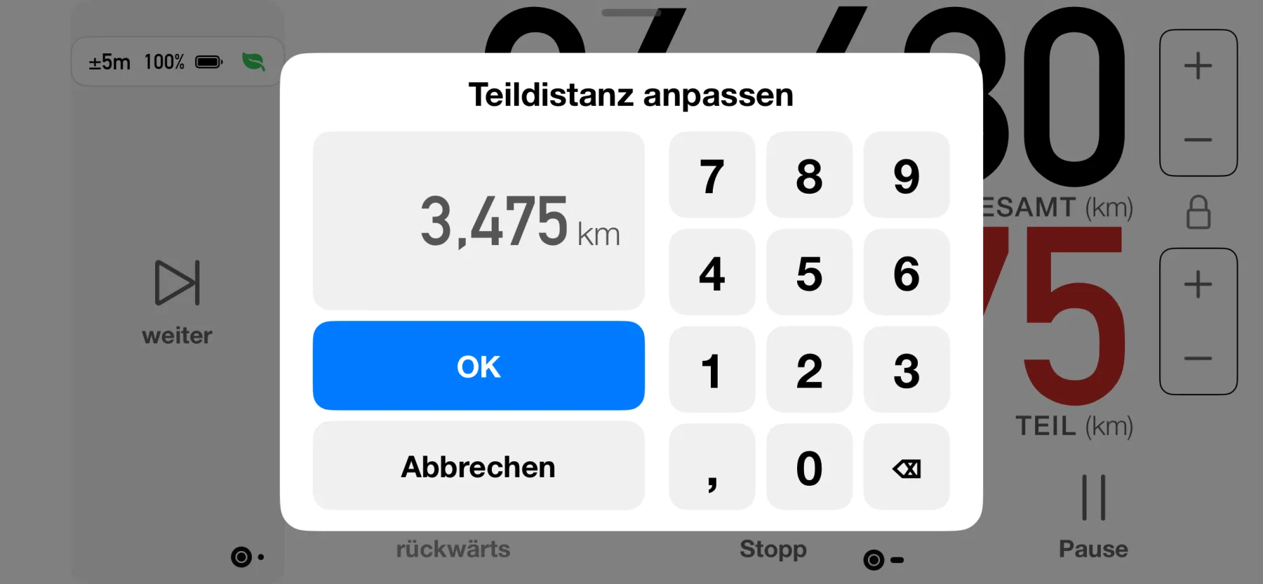 3pMaster on iPhone adjusting the partial distance with a numeric keypad dialog
