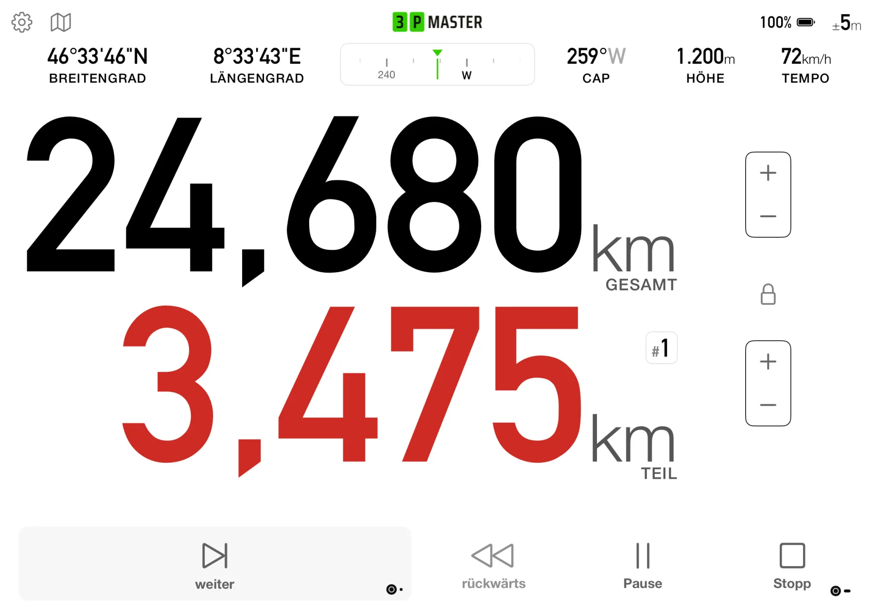 3pMaster Pro driving dashboard on iPad showing total and partial distance, speed, altitude and heading