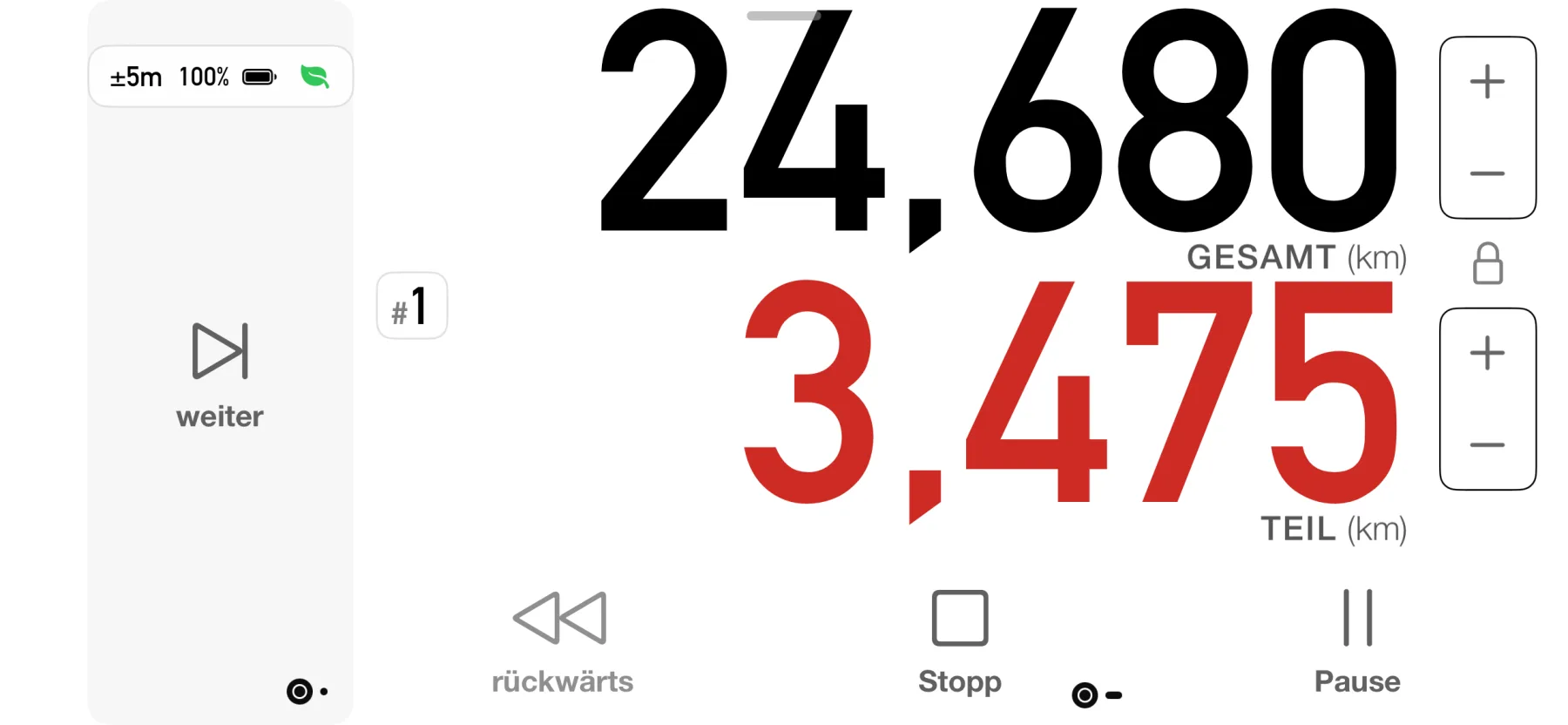 3pMaster driving dashboard on iPhone with big total and partial distance and next, reverse, stop and pause controls