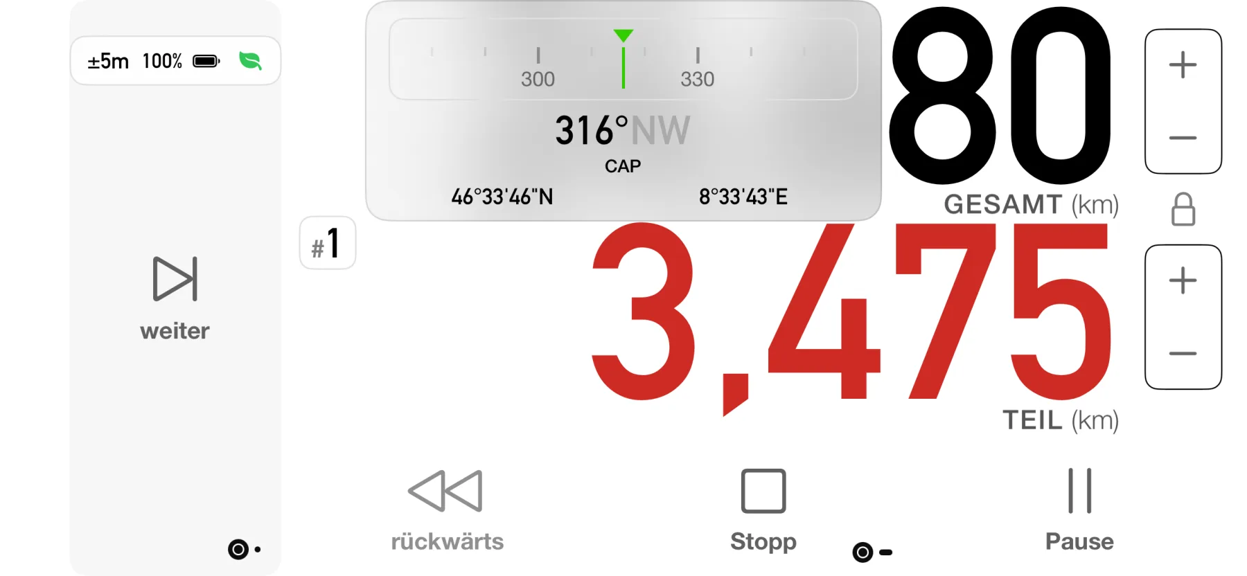 3pMaster dashboard on iPhone showing the heading compass at 316 degrees north-west with live GPS coordinates