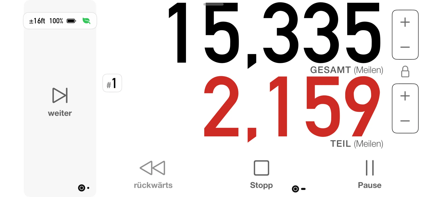 3pMaster dashboard on iPhone showing total and partial distance in miles