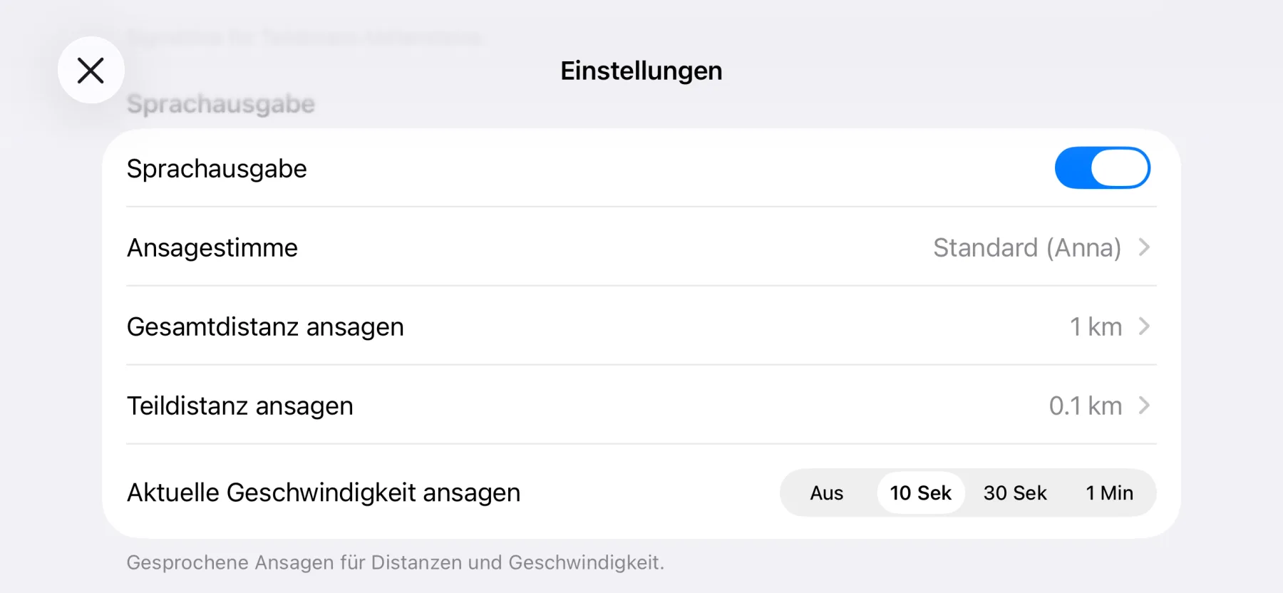 3pMaster voice announcement settings on iPhone: announcement voice, total and partial distance and current speed