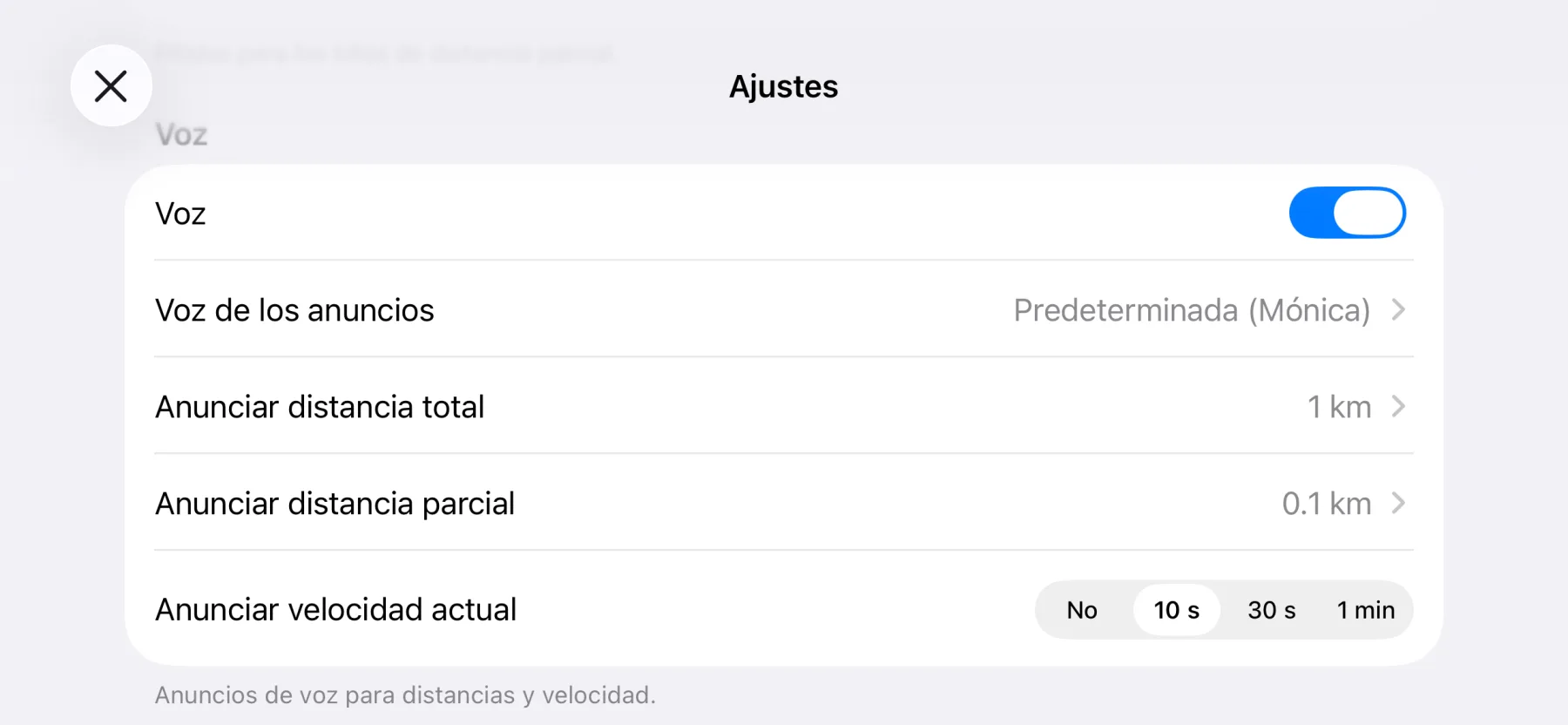 3pMaster voice announcement settings on iPhone: announcement voice, total and partial distance and current speed