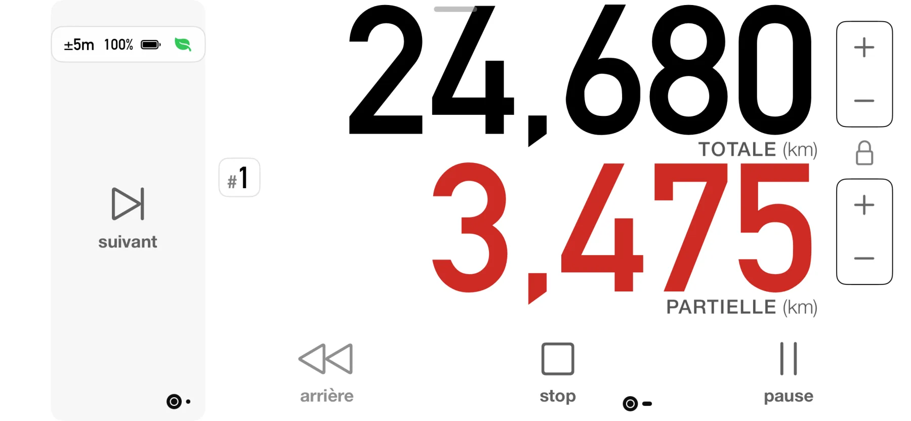 3pMaster driving dashboard on iPhone with big total and partial distance and next, reverse, stop and pause controls