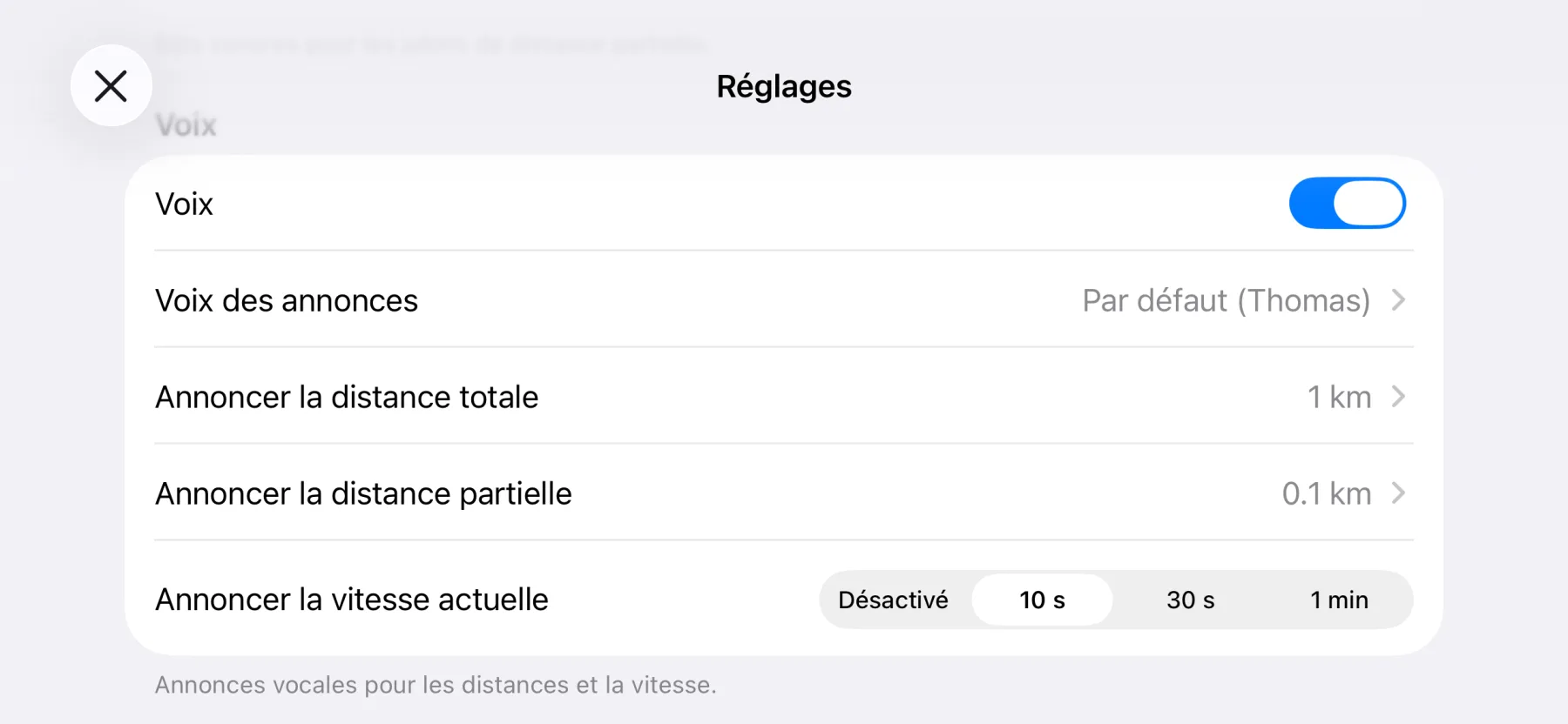 3pMaster voice announcement settings on iPhone: announcement voice, total and partial distance and current speed