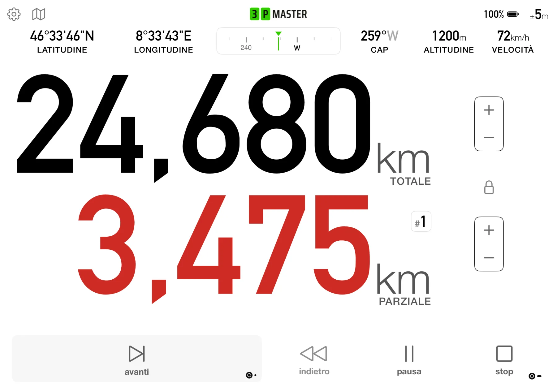 Cruscotto di guida di 3pMaster Pro su iPad con distanza totale e parziale, velocità, altitudine e rotta