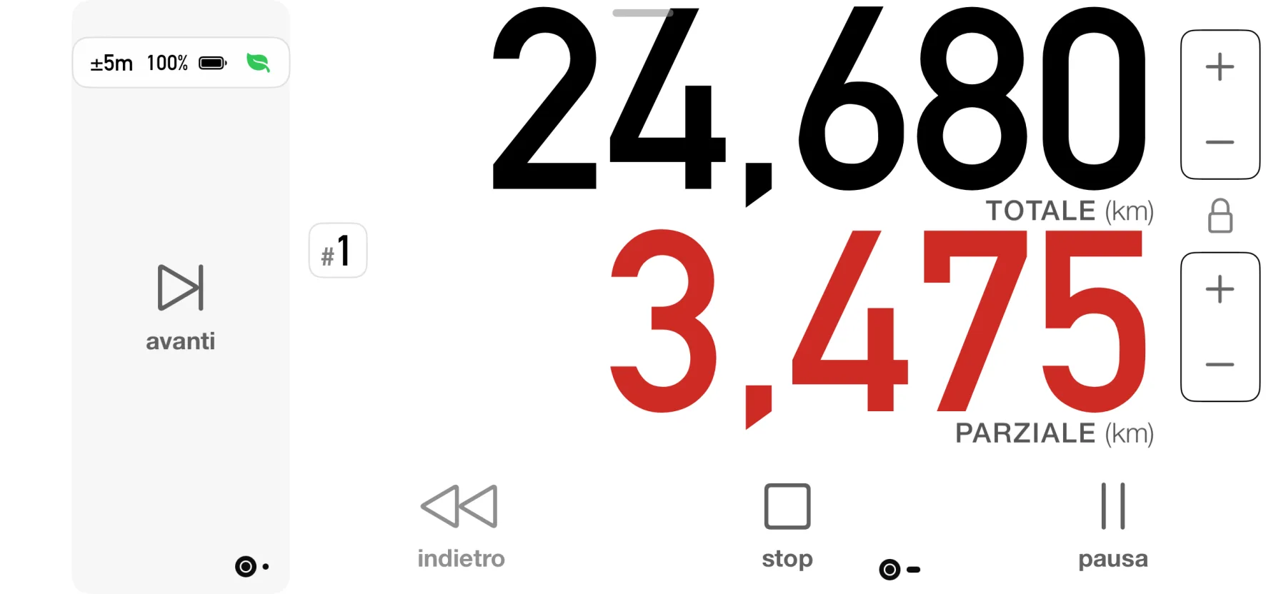 Cruscotto di guida di 3pMaster su iPhone con distanza totale e parziale grandi e i comandi avanti, indietro, stop e pausa