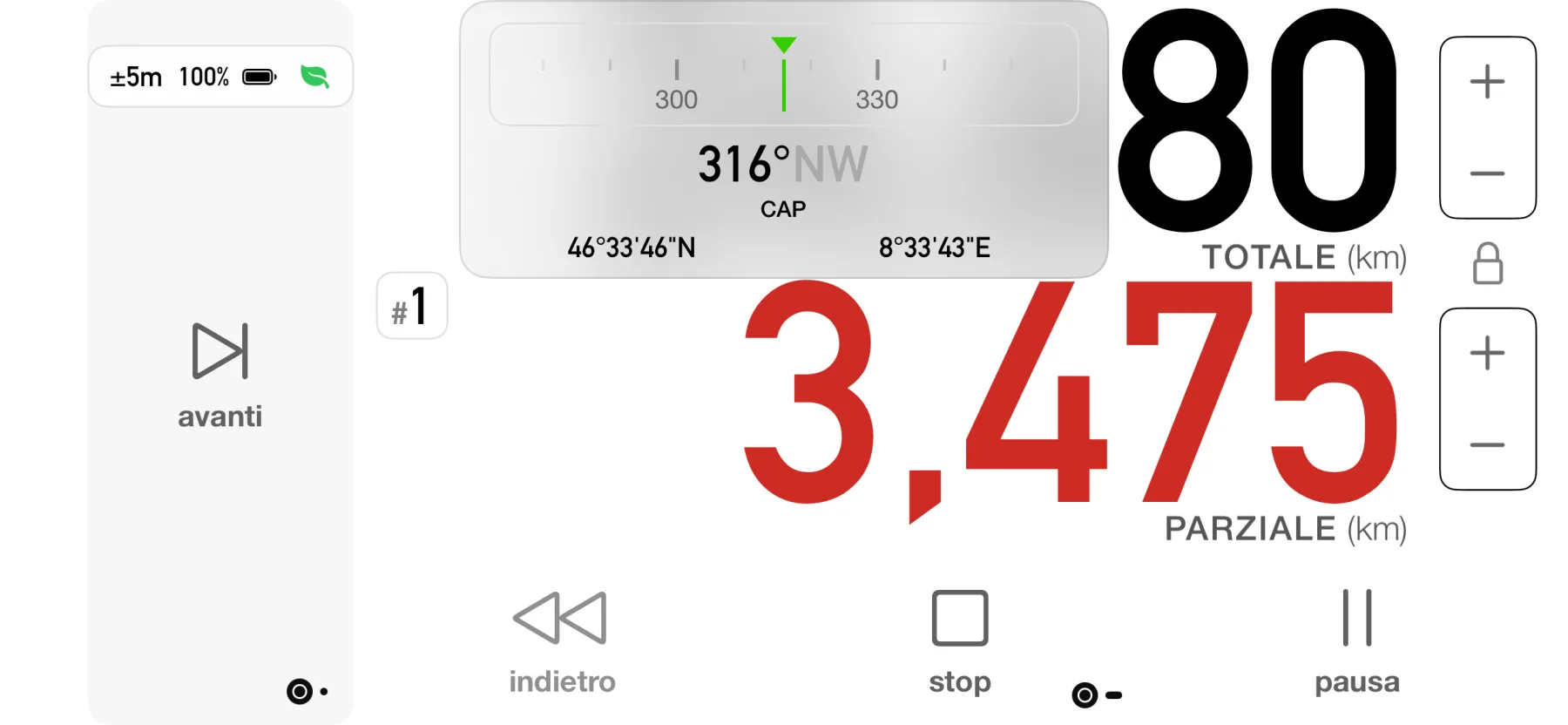 Cruscotto di 3pMaster su iPhone con la bussola di rotta a 316 gradi nord-ovest e le coordinate GPS live