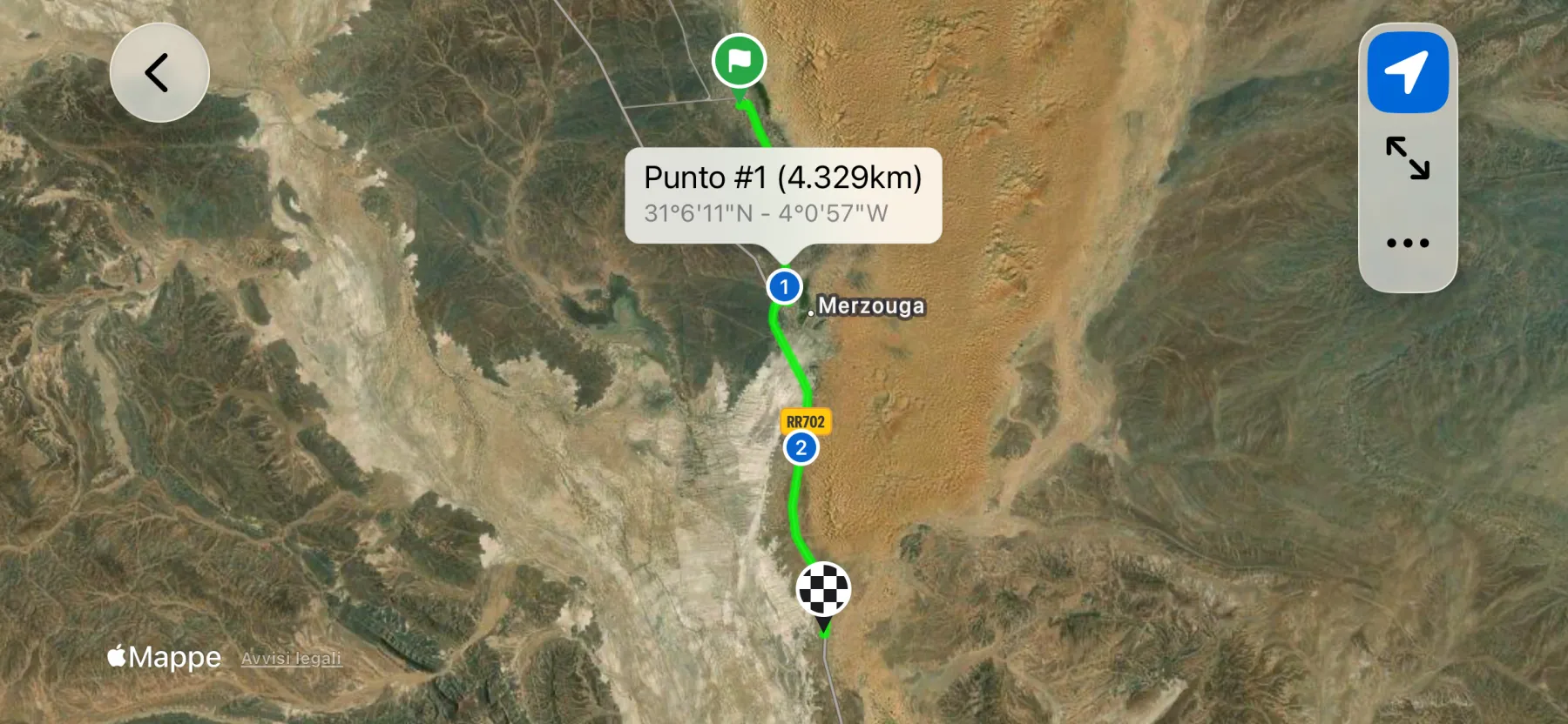 Mappa live di 3pMaster su iPhone che segue un percorso fuoristrada evidenziato in verde