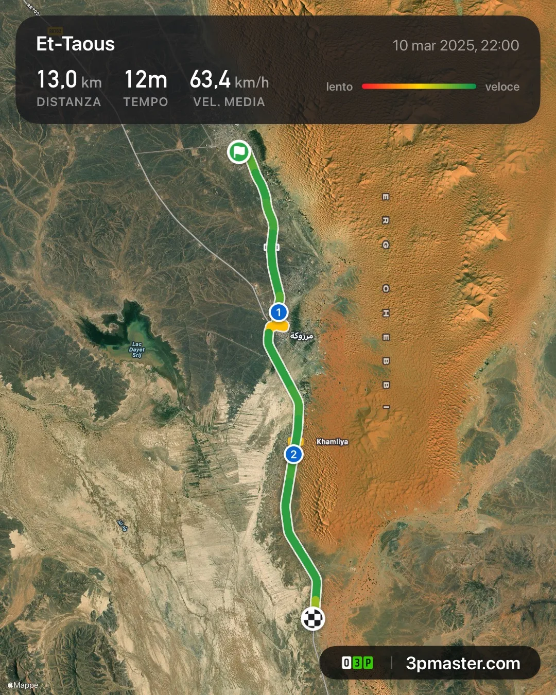 Una card di traccia condivisa di 3pMaster: un percorso nel deserto vicino all'Erg Chebbi con distanza, tempo e velocità media, con il marchio 3pmaster.com