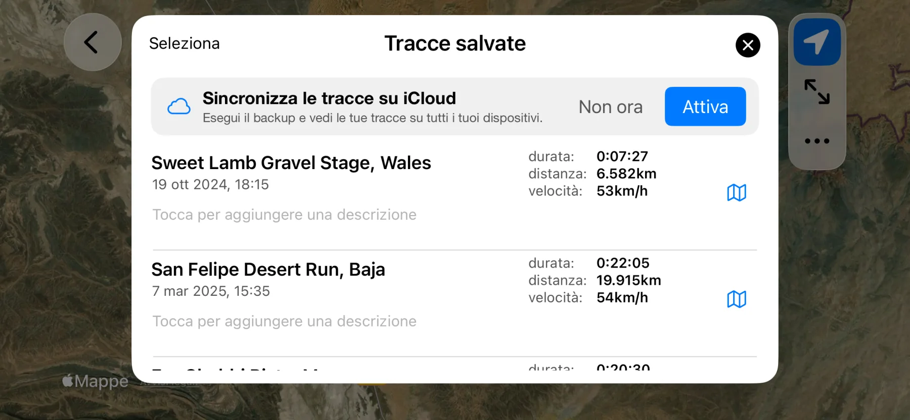Elenco delle tracce salvate di 3pMaster su iPhone con sincronizzazione iCloud e nomi automatici