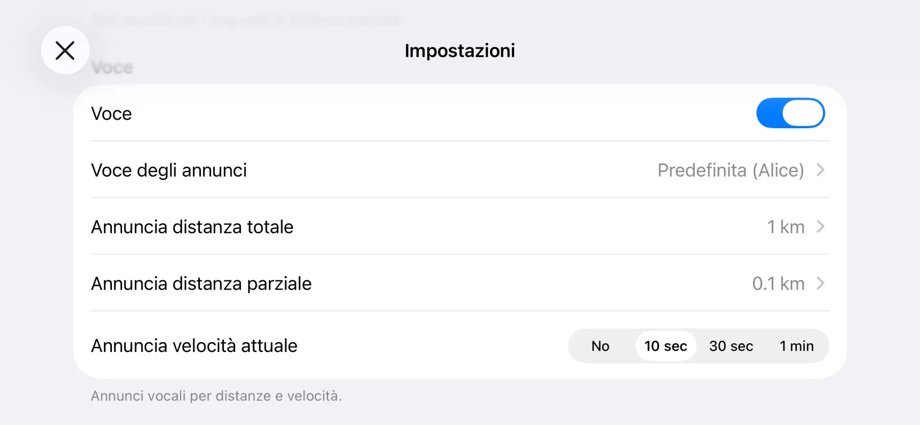 Impostazioni degli annunci vocali di 3pMaster su iPhone: voce degli annunci, distanza totale e parziale e velocità attuale