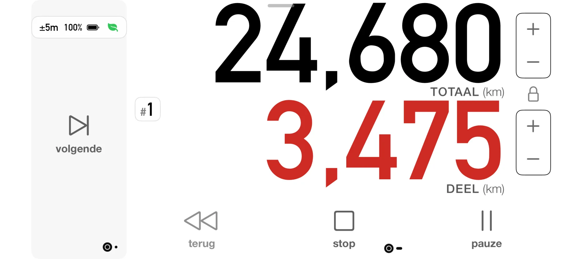 3pMaster driving dashboard on iPhone with big total and partial distance and next, reverse, stop and pause controls