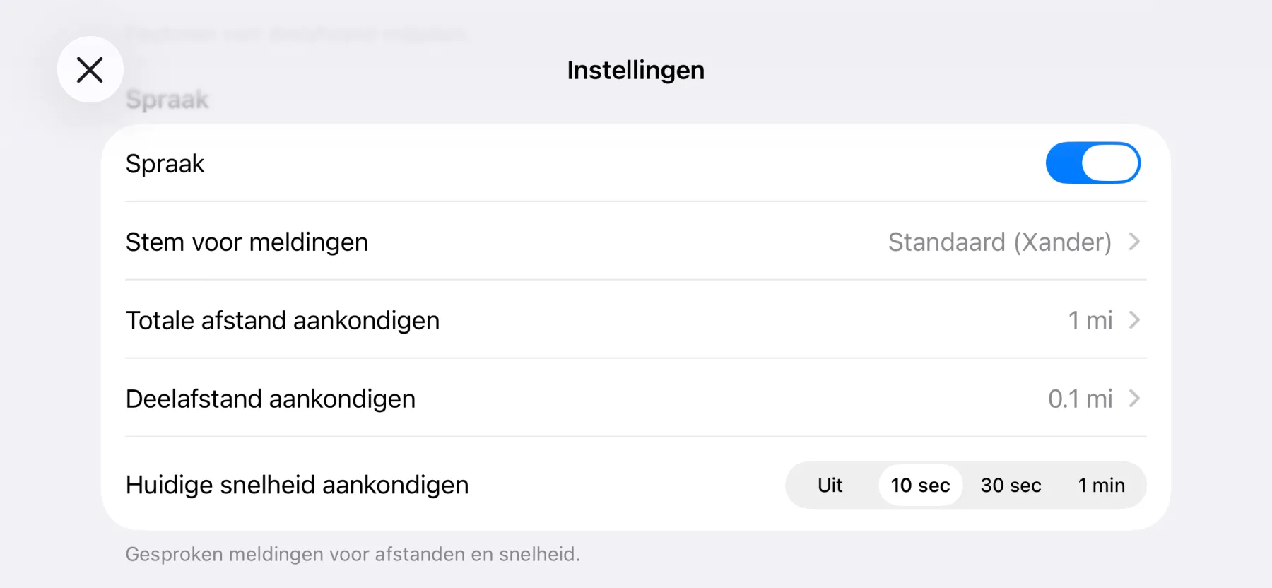 3pMaster voice announcement settings on iPhone: announcement voice, total and partial distance and current speed